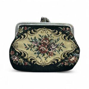 Vintage Floral Tapestry Coin Purse‎ Black & Cream Kiss Lock Wallet Needlepoint